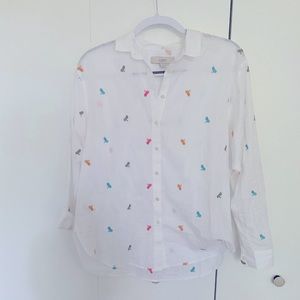 LOFT white linen button-down, bike pattern, size S